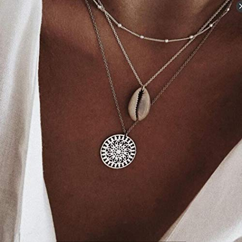 TseenYi Boho-Muschel-Anhänger, Halskette, Choker, Silber, Kompass, Schicht-Halskette, Perlen-Charm-Halskette, Schmuck für Damen und Mädchen, 1 Count (Pack of 1), Kupfer Gold Silber