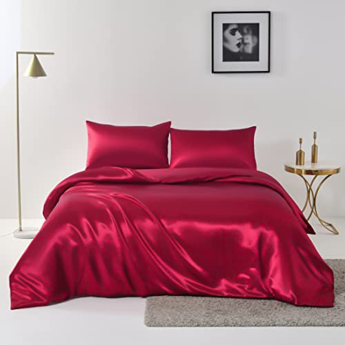 Chanyuan 3 TLG.Weinrot Seide Satin Bettwäsche Set | Bettdeckenbezug 200x220 cm mit Kopfkissenbezug 80x80 cm | Anthrazit | 2 teilig Bettgarnitur | Baumwolle Bettbezug mit Reißverschluss