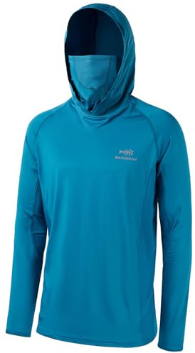 BASSDASH UPF 50+ Men’s Long Sleeve Fishing Shirt with Mask UV Neck Gaiter Hoodie (Emerald Blue, Large)
