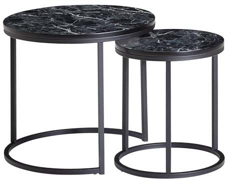 Wohnling Beistelltisch 2er Set Rund 50x50x45 cm Schwarz Marmor-Optik | 2 Couchtische mit Metallgestell, Wohnzimmertische klein, Satztisch mit Ablageflächen für Deko und Getränke