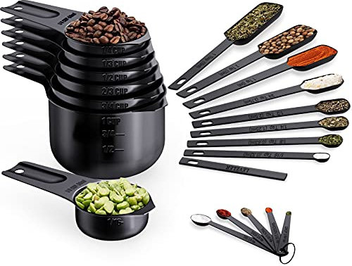 Wildone Juego de 21 tazas medidoras negras – Incluye 7 vasos medidores de acero inoxidable, 8 cucharas medidoras, 1 nivelador y 5 mini cucharas medidoras, ideal para ingredientes secos y líquidos