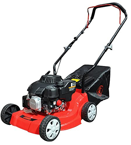 RocwooD Red Petrol Lawnmower Push 16 132cc 39cm Cutting Width, 132cc OHV Four-Stroke Engine Folding Handles & 35 Litre Grass Collector. Garden Power Tool Mowers