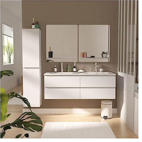MOB-IN Meuble Double Vasque 120cm avec Plan céramique SORRENTOBlanc+Robinet+Miroir+co