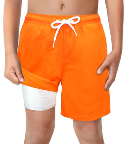 LUCOWEE Boys Swim Trunks with Boxer Brief Liner Compression Anti Chafe Swimming Shorts Stretchy UPF Quick Dry Swimsuit (Bright Orange, Large)