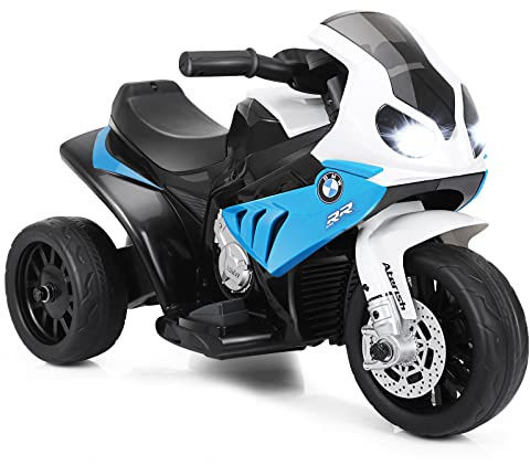 COSTWAY 6 V BMW elektrisk motorcykel med musik och strålkastare, trehjuling barnmotorcykel upp till 3 km/h, elmotorcykel med 2 stödhjul, lämplig för barn från 18–36 månader (blå)