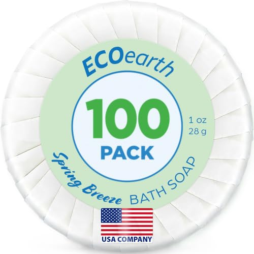 EcoEarth Set di 100 barre di sapone per hotel (brezza primaverile, 28,3 g, confezione da 100), piccolo sapone rettangolare confezionato singolarmente, mini articoli da toeletta per Airbnb, motel