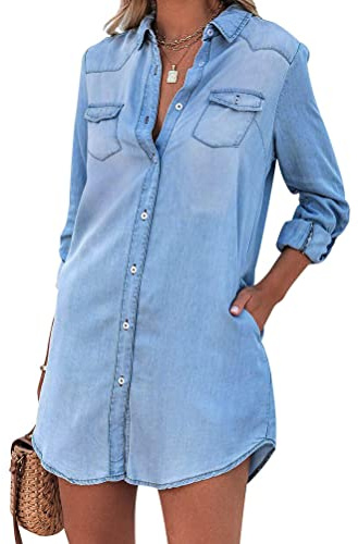 Minetom Jeans Kleider Damen Blusenkleid Hemdkleid Shirtkleid Tunikakleid Jeanskleid Langes Hemd Knopf Langarm Denim Mini Kleid