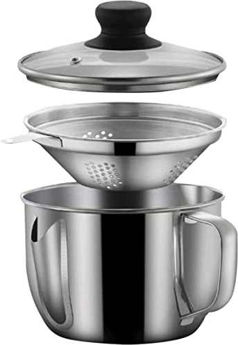Stainless Steel Fat Separator, 1000ML Gravy Grease Separator with Strainer and Glass Lid Oil Fat Separator Oil Strainer Pot Grease Can Gravy Separator Kitchen Cup Soup Oil Separator Cup