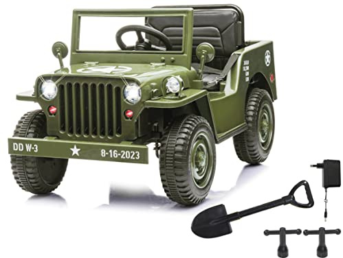 Ride-on Jeep Willys MB Army 12V - Softanlauf, Kofferraum, Schaufel abnehmbar, USB-Anschluss, Bluetooth, Elektroauto