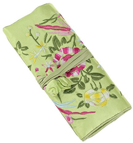 Lidwot Rollo organizador de joyas bordado de seda verde claro, bolsa plegable de estilo antiguo, estuche de joyería de viaje retro y bolsa de almacenamiento, organizador compacto para collares,