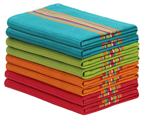 COTTON CRAFT Salsa Stripe Kitchen Towel - Set of 8 Pure Cotton Absorbent Waffle Weave Dish Towel Dish Cloth - Low Lint Reusable Drying Towels - Restaurant Bar Cleaning Kitchen Hand Towel -16x28 Multi