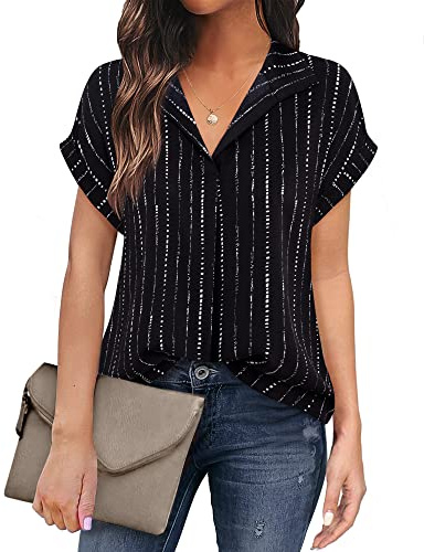 Timeson Womens Work Tops: Short Sleeve Summer Black Blouses for Women Office Ladies Dress Shirts V Neck Chiffon Business Casual Outfits No Iron Professional Interview Attire Black Stripe L