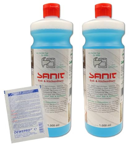DEWEPRO-Set: SANIT Bad- und KüchenGlanz (3041) - 2 Flaschen à 1000ml - der perfekte Reiniger für alle Oberflächen in Küche, Bad und WC, inkl. 1 St. DEWEPRO® Single Scrubs