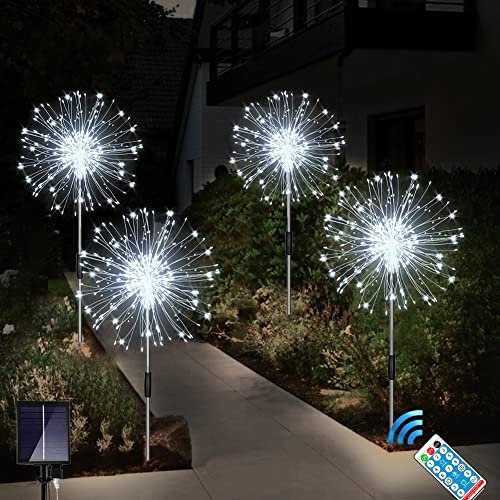 Joysing Luces solares de fuegos artificiales de 4 x 120 luces LED solares para jardín al aire libre, 8 modos de luces de explosión de estrellas con control remoto, (blanco frío)