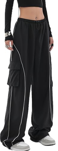 Veryin Pantalon Parachute Femmes Y2K Pantalon Baggy Track Pantalon Cargo Casual Large Jambe Taille Élastique Sports avec Poches