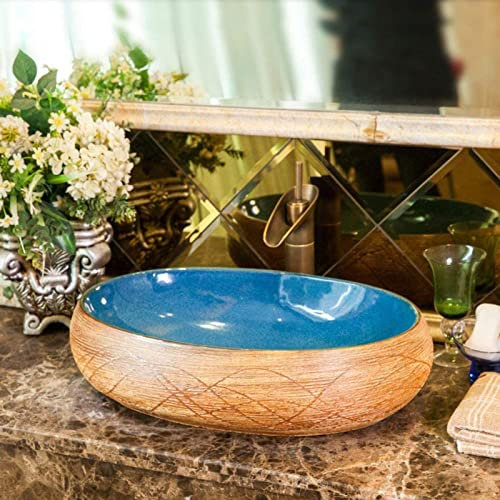 SONAXO Resin Washbasin, Natural Stone Oval Built-in Vintage Washbasin Sink Ceramic Container Hotel Splash-proof Washbasin for Bathroom (D)