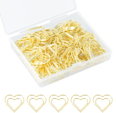 Anseom 100 Stück Büroklammern Herz Gold, Büroklammer Set mit Transparentbox 2.8cm Büroklammer Halter Ideal zum Sortieren und Befestigen von Dokumenten, Herz Paper Clips Papierklammern für Büro Schule