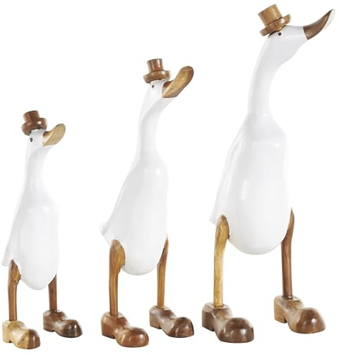 Deco 79 Bamboo Wood Duck Decorative Sculpture Home Decor Statues with Brown Top Hats and Shoes, Set of 3 Accent Figurines, 14, 11H, White
