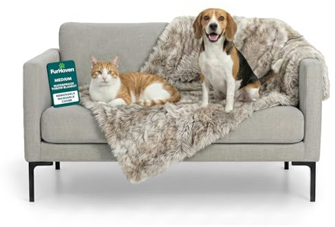 FurHaven Waterproof Throw Blanket for Dogs & Indoor Cats, Reversible Protective Pet Blanket, Medium, Long Faux Fur & Velvet, Driftwood