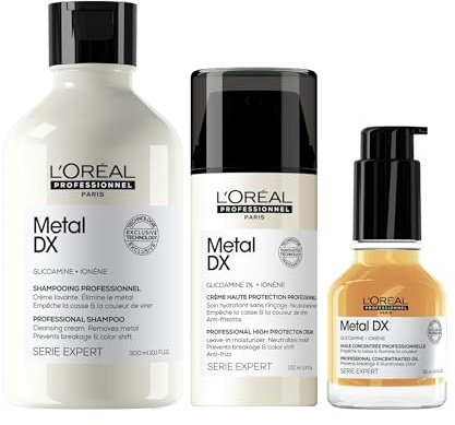 L'Oréal Professionnel Treatment-Set für alle Haartypen, beugt Haarbruch & Farbveränderungen vor, UV- & Hitzeschutz, Mit Glicoamin, Serie Expert, Metal DX Shampoo, Leave-in Cream & Öl