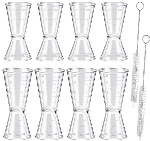 PIWOSGOL 8 Pcs Doseur Cocktail 10/20/40ml, Double Doseur à Alcool en Plastique, Tasse à Mesurer pour Cocktail avec 2 Pinceaux, Mesure Jigger pour Barman Maisons Fête Vin Gin Shaker (Transparent)