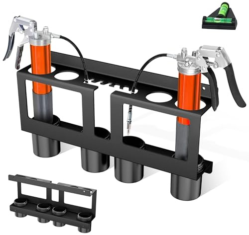 JUGGHOME Grease Gun Holder,Grease Gun Rack Wall Mount Compatible with 2 Grease Guns,Grease Gun Storage with Removable Drip Cups &Spare Grease Tube Holder for Workshop, Garage