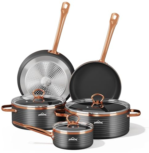 Homelux Topfset 8-Tlg, Töpfe und Pfannen, Induktions, Antihaftbeschichtung | Für Alle Herdarten Kochgeschirr Set, Enthält 2 Bratpfannen & 3 Kochtöpfe, Aluminium