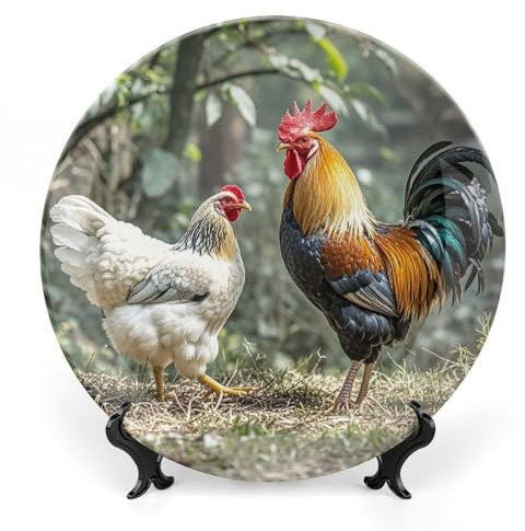 Assiette décorative en porcelaine anglaise de 25,4 cm - Assiettes décoratives en céramique - Motif coq et poule - Avec support de présentation - Assiettes rondes en porcelaine pour maison, bureau,