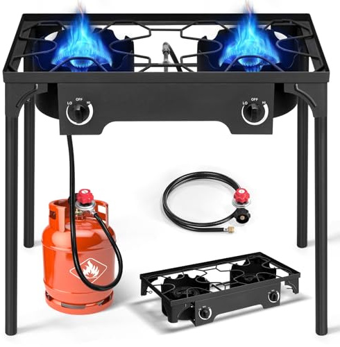 Outvita 2 Burner Propane Gas Stove for Outdoor Cooking, 150,000 BTU Camping Cooker with Detachable Legs Stand for Backyard Cooking BBQ Baking Turkey Frying