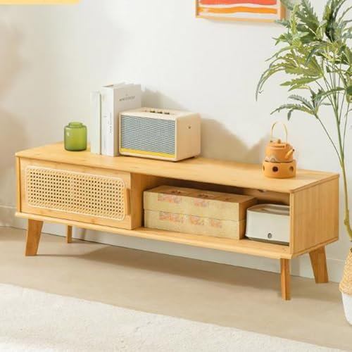 Meuble TV Cannage Rotin Portes Coulissantes, Support Télé, Armoire de Télévision, Meuble Télé de Salon,Armoire Basse Salle de Séjour Intérieur, Moderne pour Salon, Chambre(100cm/39in)