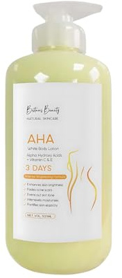Britains Beauty AHA White Lotion corporelle aux acides alpha-hydroxy, vitamine C et E, formule éclaircissante intense pour une peau lisse et hydratée - 500 ml (jaune, 500 ml)