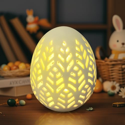 Osterdeko Ostereier mit LED Licht, LED Deko Ostereier aus Keramik, Ostern Deko Hohl Eier Frühlingsdeko Beleuchtung Lichter Batteriebetrieben Leuchtende Osterei für Innen Draußen Tischdeko (B)