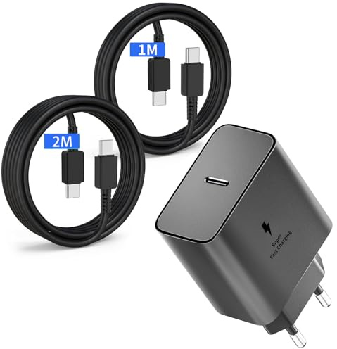 Chargeur 45W Super Charge Rapide pour Samsung Galaxy S26, S25,S24+,S24 Ultra,S23+,S23 Ultra, S22,S21,Note20,A54,A53,Z Fold5,Flip5,Fold4, Flip4,Tab,Prise Secteur USB C Adapteur avec1M+2M Câble USB C