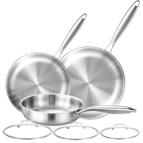 DELARLOCHEF Juego de Sartenes Acero Inoxidable 20 24 28 cm con Tapa: Estructura Triple Capa,18/10,sin Revestimiento Antiadherente,Libre de PFOA,PFAS y PTFE,Ahorro Energético del 20% | Sartén sin revestimiento, de inducción, de alta eficiencia y eficiencia energética para carne, huevo, apto para lavavajillas