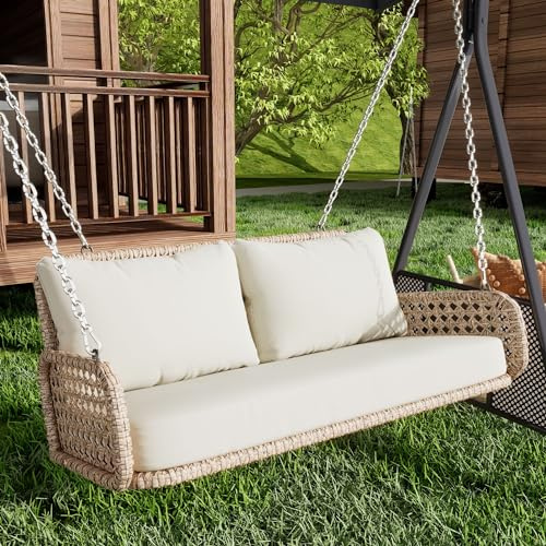 PE-Rattan-Schaukel-Doppelsitz, belastbar 320 kg, Hängeschaukel für den Garten im Freien, mit Kissen und 2 Ketten (240 cm/Stück), ohne Rahmen, Kissen sind abnehmbar und waschbar (beige)