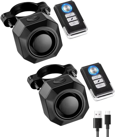 Mengshen Lot de 2 systèmes d'alarme de vélo rechargeables sans fil pour vélo électrique, moto, scooter, voiture, Tailer USB-C Rechargeable