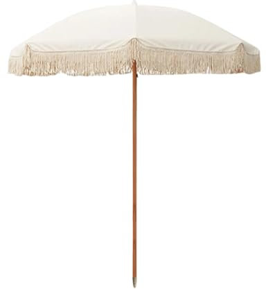 Générique Parasol de Plage 200cm avec Frange, Parasol de Terrasse Portable, Protection UV, 8 Baleines en Fibre de Verre, Mât en Bois, Sac de Transport