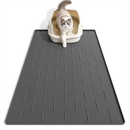 Pieviev Katzenklo Unterlage, Silikon Katzenstreu Matte, Dunkelgrau 86x56cm | leicht zu reinigen, wasserdichte Katzenmatte Katzenklo, rutschfeste Auffangmatte mit erhöhtem Rand, zum Sammeln von Streu