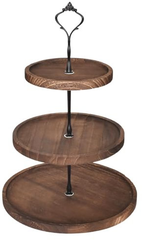 Wooden Cupcake Stand, Vintage Wooden Dessert Display Stand, Tiered Round Wood Cake Plate, Serving Tray Platter with Metal Handle Pastry Serving Tray for Chiristmas Wedding Birthday Tea Party (3 Tier)