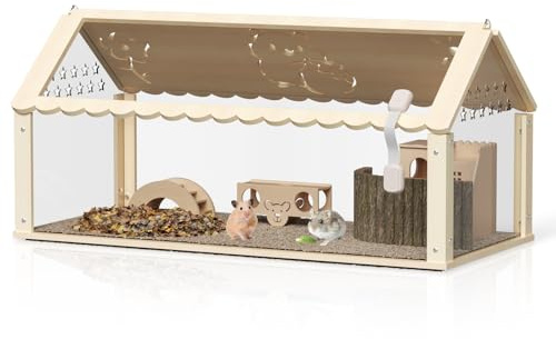 Gabbia per criceti in legno con acrilico, gabbia per criceti nani, 60 x 30 x 40 cm, habitat per piccoli animali con coperchio apribile e scala da arrampicata, gabbia per topi per porcellini d'India