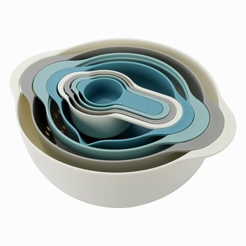 YUENPUN 8 Pcs Plastic Nesting Bowls Set with Mixing Bowl, Filtering Bowl, Measuring Cup, Sieve, Space Saving Multi Functional Kitchen Food Preparation Set for Baking, Kitchen, Picnic Bowls, Food Prep
