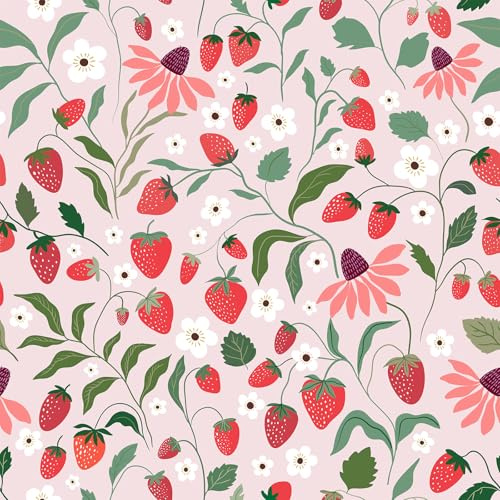 VEELIKE Tapete Erdbeere Rosa Früchte Blumentapete Selbstklebende Tapete Blumen Rosa Mustertapete 44.5 cm x 300 cm Fototapete Schlafzimmer Kinderzimmer Mädchen Küche Badezimmer Wasserfest Entfernbar
