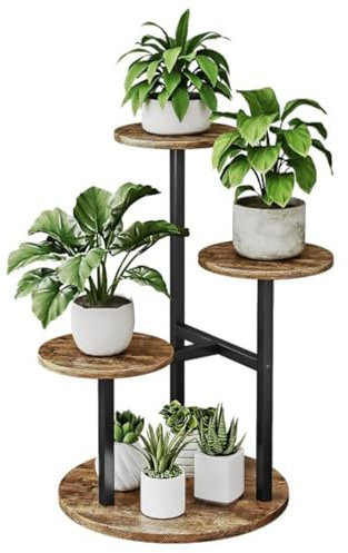 INGIORDAR Plant Stand Indoor Outdoor Corner Plant Shelf for Multiple Flower Pots Flower Stand Holder for Patio Garden Balcony Living Room (Black+Rustic Brown, 5 Tier)