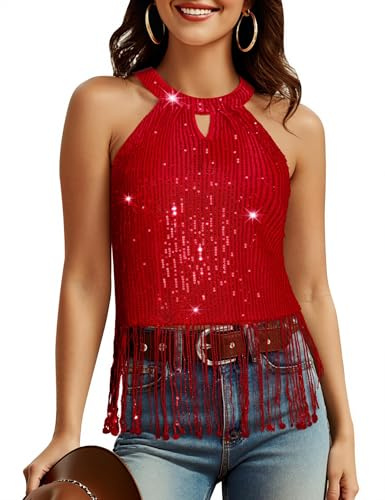 Aupuls Fringe Country Concert Outfits per le donne Halter paillettes top scintillante western top, Rosso, L