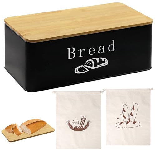 Boîte à pain en métal noir avec couvercle en bambou – Boîte à pain durable et spacieuse pour le plan de travail de cuisine, récipient à baguettes, organisateur alimentaire
