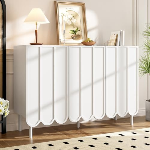 OLIVIBED Sideboard Weiß Matt, Kommode mit 4 Türen, Anrichte Küche mit Beine, Modernes Welliger Wohnzimmerschränke, Mehrzweckschrank für Wohnzimmer Schlafzimmer Flur Büro, 120x35x80cm (Weiß)
