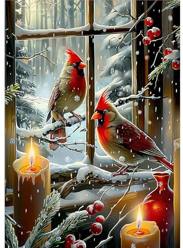 MOGTAA Christmas Diamond Art Kits for Adults, 5D Full Drill Cardinal Diamond Painting Kits for Adults Beginner, DIY Winter Round Diamond Dots for Adults, Gem Art for Home Wall Decor 12 X 16 Inch