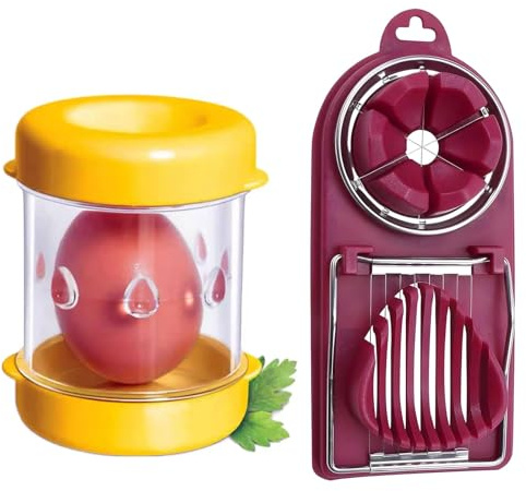 2PCS Egg Peeler for Hard Boiled Eggs, Egg Shell Remover and Slicer Set, Quick and Easy to Use, Ideal for Breakfast Preparation, Meal Planning and Outdoor Activities, Includes Yellow Peeler and Red Sli
