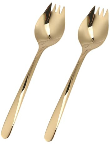 Garneck 2 pièces Fourchette-cuillère Acier Inoxydable Manches Longs Multi-usage pour Salade Ramen et Camping Ustensiles Portables Résistants Corrosion Doré