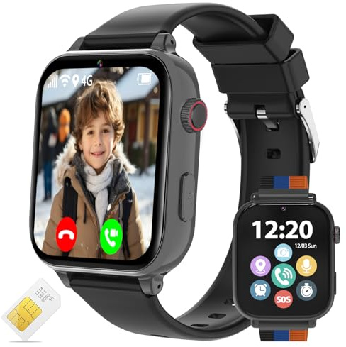 4G Kids Smart Watch - Smartwatch for Kids with SIM Card , GPS Tracker, Video Calling & Voice Chat, One-Key SOS, Alarm Clock, HD Camera, Class Mode, Pedometer, Phone Watch for 4-12 Children (Black)